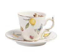 Sizikato Ensemble tasse et soucoupe en porcelaine avec bordure dorée, 85 g, mini tasse à thé, motif citron et papillon