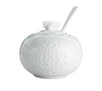 Sizikato Sucrier en porcelaine blanche avec couvercle papillon et cuillère, 236,8 g, fleur en relief