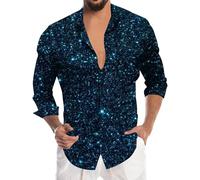Sizoer Chemise pour Hommes Carnaval Paillettes Imprimé Party Chemises Boutonnées Revers Manches Longues T-Shirts Coupe Régulière sans Repassage Chemise Mariage Business Carnaval Costumes
