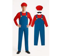 SJ essentials Costume de cosplay rouge pour adultes - Body unisexe avec chapeau, casquette, gants, moustache - Accessoires de tenue de style grenouillère pour fêtes, événements à thème et cosplay