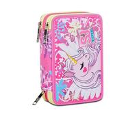 SJ Gang 30C202412-379 Trousse d'école 3 Zip, Rose, UnicornLed, Porte-stylo triple compartiment complet avec stylets, crayons, couleurs, accessoires sac à dos, élémentaires, moyens, fille, rose,