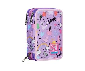 SJ Gang 30C202450-3D8 Trousse d'école 3 Zip, Rose, Cute Notes, Porte-stylo triple compartiment complet avec stylets, crayons, couleurs, accessoires sac à dos, élémentaires, moyennes, fille, aubergine,