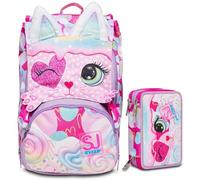 SJ Gang Sac à dos d'école extensible, Sac à dos Enfant, rose, HEART LOLLY, double compartiment, sac à dos scolaire fille + trousse triple compartiment
