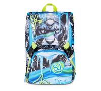 SJ GANG STYLE JAM GANG Big Ice Panther Boy Sac à dos d'école extensible avec fermeture éclair latérale, maxi ailes amovibles latérales, poche porte-bouteille, école primaire et secondaire, bleu clair