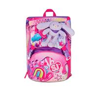SJ GANG STYLE JAM GANG Grand sac à dos d'école extensible fuchsia, sac à dos avec séparateur intérieur, poche pour gourde, peluche lapin assortie, 24 L, sac à dos école primaire, sac à dos fille