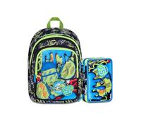 SJ GANG STYLE JAM GANG Sac à dos d'école Advanced Soft Pouch Boy, double compartiment, application sac à dos 3D sur poche avant, poche latérale porte-bouteille. Avec trousse à 3 fermetures éclair