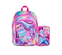 SJ GANG STYLE JAM GANG Sac à dos d'école Advanced Soft Pouch Girl, double compartiment, application sac à dos 3D sur poche avant, poche latérale porte-bouteille. Avec trousse à 3 fermetures éclair