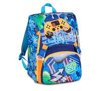 SJ GANG STYLE JAM GANG Sac à dos d'école extensible JOYFUL PINS BOY, bleu, 24L, fermeture éclair latérale, insert contrôleur en caoutchouc et broches amovibles, poche avant, poche porte-horrasse