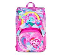 SJ GANG STYLE JAM GANG Sac à dos d'école extensible JOYFUL PINS GIRL, Rose, 24L, fermeture éclair latérale, insert arc-en-ciel et broches amovibles, poche avant, poche porte-horrasse, école primaire