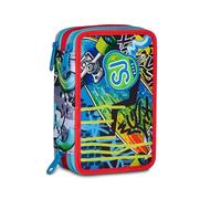 SJ GANG STYLE JAM GANG Sharky Skate Trousse d'école 3 fermetures éclair Bleu Porte-stylo Triple compartiment complet avec stylets, crayons, couleurs, accessoires sac à dos, école primaire, enfant