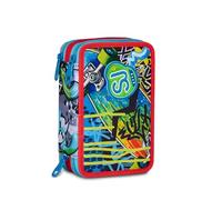SJ GANG STYLE JAM GANG Sharky Skate Trousse d'école 3 fermetures éclair Bleu Porte-stylo Triple compartiment complet avec stylets, crayons, couleurs, accessoires sac à dos, école primaire, enfant