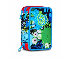 SJ Gang Style Jam Gang Trousse d'école 3 Fermetures éclair, Bleu, Porte-Stylo Triple Compartiment Complet avec Stylets, Crayons, Couleurs, Accessoires Sac à Dos, école Primaire, Enfant