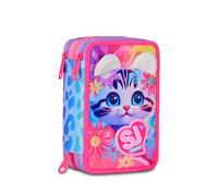 SJ GANG STYLE JAM GANG Trousse d'école 3 Zip Cat&Air, rose, porte-stylo triple compartiment complet avec stylets, crayons, couleurs, accessoires sac à dos, école primaire, fille, rose, Taglia Unica