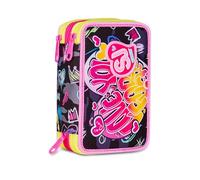 SJ GANG STYLE JAM GANG Trousse d'école 3 Zip, Fuchsia Orange, Porte-stylo Triple compartiment complet avec stylets, crayons, couleurs, accessoires sac à dos, école primaire, fille, Fuchsia / Orange