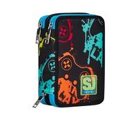 SJ Gang Style Jam Gang Trousse d'école 3 Zip, Noir, Multicolor Game, Porte-Stylo Triple Compartiment Complet avec Styles, Crayons, Couleurs, Accessoires Sac à Dos, élémentaires, Moyennes, Enfant