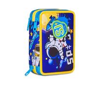 SJ GANG STYLE JAM GANG Trousse scolaire 3 fermetures éclair, bleu et jaune, porte-stylo triple compartiment complet avec stylets, crayons, couleurs, accessoires sac à dos, école primaire, enfant, bleu