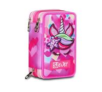 SJ GANG STYLE JAM GANG Trousse scolaire 3 fermetures éclair Sj Ever, fuchsia, porte-stylo triple compartiment complet avec stylets, crayons, couleurs, accessoires sac à dos, école primaire, fille