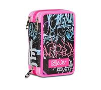 SJ GANG STYLE JAM GANG Trousse scolaire 3 fermetures éclair Sj Ever, noir, porte-stylo triple compartiment complet avec stylets, crayons, couleurs, accessoires sac à dos, école primaire, fille, Noir
