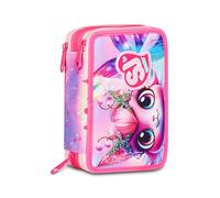 SJ Gang Style Jam Gang Trousse Scolaire 3 Zip Cat LED, Rose, Porte-Stylo Triple Compartiment Complet avec Stylets, Crayons, Couleurs, Accessoires Sac à Dos, école Primaire, Fille