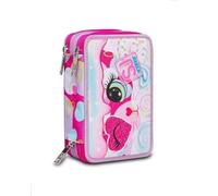 SJ GANG STYLE JAM GANG Trousse Scolaire 3 Zip Heart Lolly, Rose, Porte-Stylo Triple Compartiment Complet avec Stylets, Crayons, Couleurs, Accessoires Sac à Dos, école Primaire, Fille