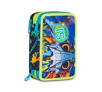 SJ GANG STYLE JAM GANG Trousse scolaire 3 Zip Led Look, bleu, porte-stylo triple compartiment complet avec stylets, crayons, couleurs, accessoires sac à dos, école primaire, enfant