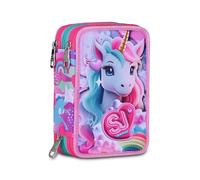 SJ GANG STYLE JAM GANG Trousse Scolaire 3 Zip, Rose, Porte-Stylo Triple Compartiment Complet avec Stylets, Crayons, Couleurs, Accessoires Sac à Dos, école Primaire, Fille, Rose, Moderne