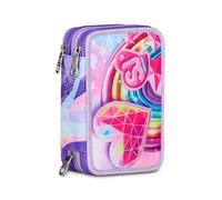 SJ GANG STYLE JAM GANG Trousse Scolaire 3 Zip, Rose, Porte-Stylo Triple Compartiment Complet avec Stylets, Crayons, Couleurs, Accessoires Sac à Dos, école Primaire, Fille, Rose, Moderne