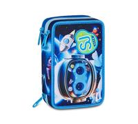 SJ GANG STYLE JAM GANG Trousse scolaire 3 zips Space LED Boy, bleu, triple compartiment, 45 pièces, ensemble de papeterie inclus, fermeture éclair pratique, école primaire, enfant