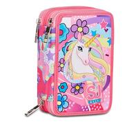 SJ Gang Trousse d'école 3 Zip, Rose, UniBraid, Licorne Porte-Stylo Triple Compartiment Complet avec Stylets, Crayons, Couleurs, Accessoires Sac à Dos, élémentaires, Moyennes, Fille, Rose, Taglia