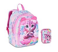 Sj Girl Heart Buddy Advanced Round Sac à dos scolaire pour fille + trousse Speed Pad + 7 stylos à clipser et porte-clés à paillettes