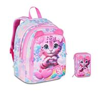 Sj Girl Heart Buddy Chaton Tigrotto Advanced Round Sac à dos d'école pour fille + trousse 3 compartiments + 7 stylos à clipser et porte-clés à paillettes