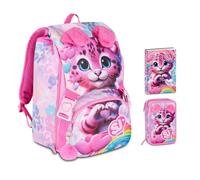Sj Heart Buddy Girl Sac à dos d'école extensible pour fille avec trousse à 3 compartiments + agenda 2026-2027 + 7 stylos et porte-clés à paillettes