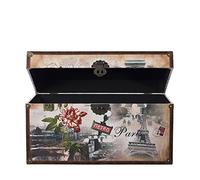 SJ08551 Coffre en bois avec revêtement en cuir et charnières en métal, look rétro avec ornements, différentes tailles disponibles, aspect vieilli, style colonial, maritime, coffre de pirate, coffre au trésor, voyage autour du monde USA Londres Italie Paris New York, Bois/métal, Toile, Größe XL 59cm x 36cm x 33cm Paris