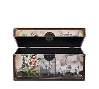 SJ08551 Coffre en bois avec revêtement en cuir et charnières en métal, look rétro avec ornements, différentes tailles disponibles, aspect vieilli, style colonial, maritime, coffre de pirate, coffre au trésor, voyage autour du monde USA Londres Italie Paris New York, Bois/métal, Toile, Größe L 49cm x 28cm x 25cm London