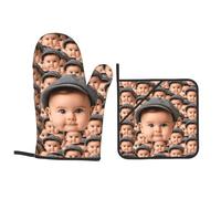 SJHAZSL Personnalisés Gants de Four et Maniques Ensembles, Gant Cuisine Anti Chaleur avec Photo et nom, Accessoires de Mitaines de Cuisine pour Cuisiner, Barbecue, Cuisson