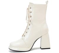 SJJH Bottes de combat à plateforme pour femme - Bout carré - Bottes à talon bloc pour style urbain au quotidien, Blanc., 43 EU