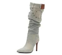 SJJH Bottes de cowboy en denim pour femme - Talon de 11 cm - Fermeture éclair latérale - Convient pour les fêtes, bleu clair, 40 EU