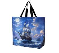 SJOAOAA Sac de courses unisexe avec motif bateau à voile et lune - Sac de rangement réutilisable de grande capacité pour voyage, sac à bandoulière, sacs d'épicerie, sac à main