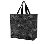 SJOAOAA Sac de courses unisexe vintage effrayant noir gothique crâne damassé grand sac fourre-tout sac fourre-tout décontracté sac à main travail vintage effrayant gothique crâne damassé sac