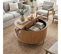SJPVPYB Table basse ronde en bois avec espace de rangement, table de salon moderne avec façades striées, table d'appoint design scandinave pour salon, marron clair (aspect chêne, ronde)
