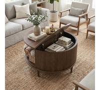 SJPVPYB Table basse ronde en bois avec espace de rangement, table de salon moderne avec façades striées, table d'appoint design scandinave pour salon, marron clair (aspect noyer, ronde)
