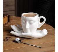 SJTJSPX Ensemble Tasses à Expresso en Céramique avec Soucoupes,Tasses à Café 260ML,Tasse Cappuccino Vintage Créatif Motif 3D Visage ET Mains,Tasse Mug pour Thé, Céréales, Petit-Déjeuner,Latte,Moka