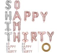 SJZG-2 Sets De Ballons De Fête Du 30E Anniversaire Décorations 30E Anniversaire So Happy Im Thirty Décoration De Bannière Grossière En Or Rose Avec Ruban Paille Pour Cadeaux, Or Rose Et Argent