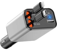 Sjzg-Chargeur De Voiture Rétractable 60 W 4 En 1 Pour Téléphone Portable - Adaptateur Rapide - Double Câble Rétractable Pour Iphone 15/14/13/12/11, Pour S23/S22/S21/Pixel7/Huawei, Ports Usb C Et Usb