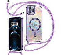 Sjzg-Coque Glitter Magnétique Pour Iphone 12 Pro Avec Cordon [Compatible Avec Magsafe], Motif Coeur Transparente Etui Pour Filles Femmes, Antichoc Silicone Housse Pour Iphone 12 Pro Violet