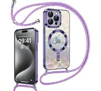 Sjzg-Coque Glitter Magnétique Pour Iphone 15 Pro Avec Cordon [Compatible Avec Magsafe], Motif Coeur Transparente Etui Pour Filles Femmes, Antichoc Silicone Housse Pour Iphone 15 Pro Violet