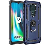 Sjzg-Coque Motorola Moto G9 Play/Moto E7 Plus/G9, + Verre Trempé, Étui De Protection Soft Tpu + Pc, Heavy Duty, Slim Dual Layer Protective Housse Etui Coque Avec Support De Bague En Métal, Bleu