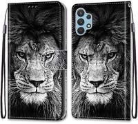 Sjzg-Coque Pour Samsung Galaxy A32 4g/ A32 Lite, Etui En Cuir Pu Portefeuille Housse Coque Avec 360 Degrés Silicone Antichoc Protection Cover Cuir Pochette Magnétique Flip Béquille (Lion)
