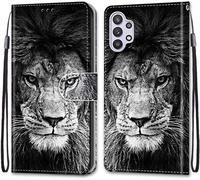 Sjzg-Coque Pour Samsung Galaxy A32 5g, Etui En Cuir Pu Portefeuille Housse Coque Avec 360 Degrés Silicone Antichoc Protection Cover Cuir Pochette Magnétique Und Flip Béquille (Lion)