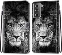 Sjzg-Coque Pour Samsung Galaxy S21, Etui En Cuir Pu Portefeuille Housse Coque Avec 360 Degrés Silicone Antichoc Protection Cover Cuir Pochette Magnétique Und Flip Béquille (Lion)